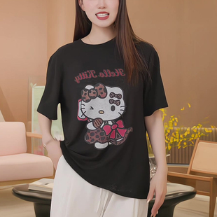 HelloKitty卡通印花黑色短袖T恤女夏季2025新款宽松圆领显瘦上衣