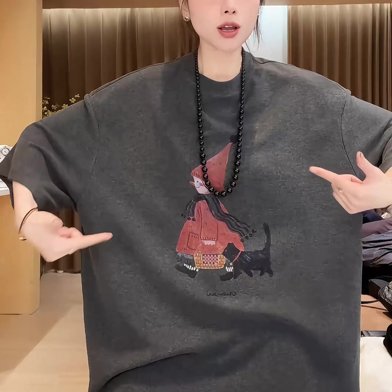 卡通印花短袖磨毛纯棉T恤春秋大码宽松圆领百搭叠穿上衣