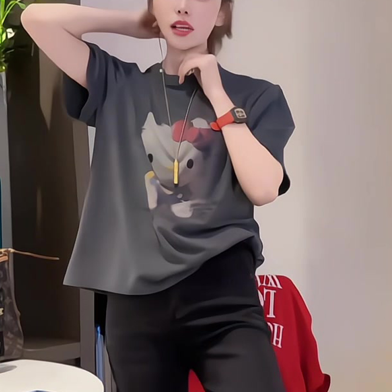 韩系卡通猫咪短袖T恤女夏季新款时尚百搭减龄上衣打底衫