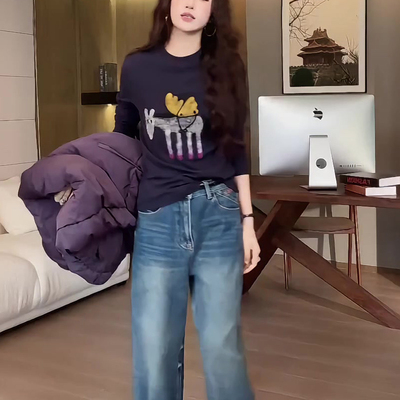 欧洲站秋季新款小马印花长袖t恤女时尚洋气百搭长袖上衣