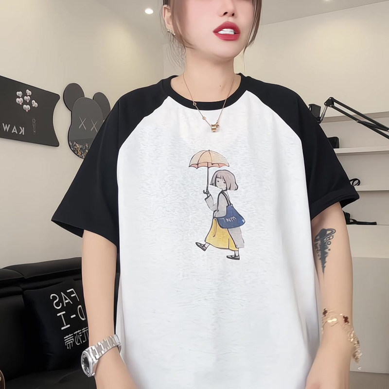 夏季插肩袖趣味卡通短袖T恤雨伞女孩印花宽松减龄上衣