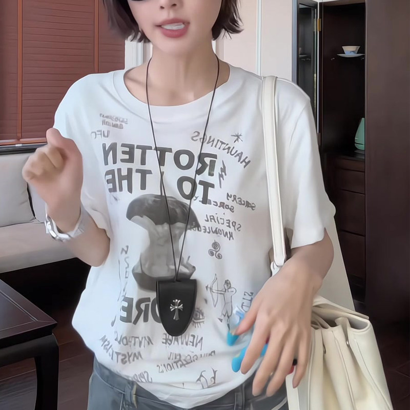 美式印花圆领纯棉短袖t恤女夏季新款休闲显瘦百搭上衣