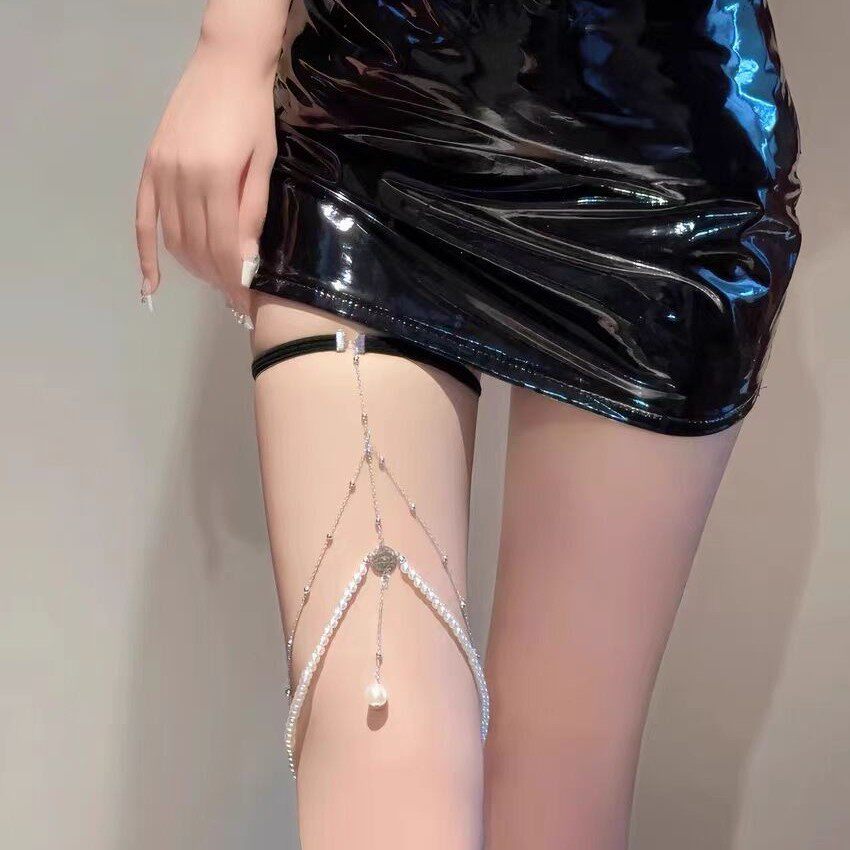 欧美性感多层珍珠链条腿链女 弹力绳创意个性长款身体链饰品