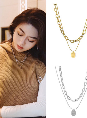 日韩明星同款双层叠戴字母情书吊坠项链女小众设计感不掉色锁骨链
