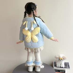 女童蝴蝶结连帽棉服外套2026冬季新款洋气夹棉加厚保暖中长款棉衣