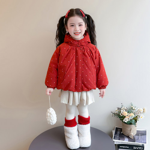 女童波点加绒加厚保暖连帽棉服