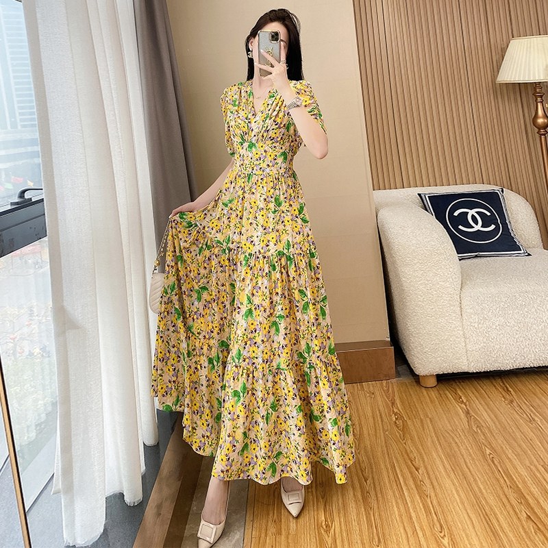 夏季法式气质洋气雪纺印花碎花连衣裙时尚优雅田园度假收腰大摆裙,女装/女士精品,连衣裙,淘宝优惠券,粉丝福利购,淘宝优惠卷