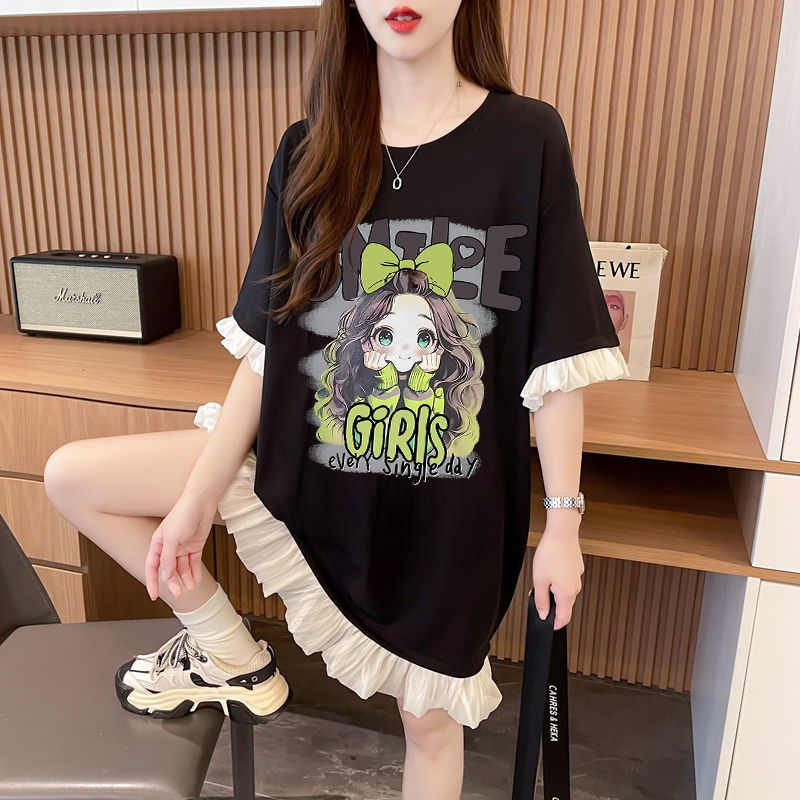 设计感蕾丝拼接短袖T恤裙女2025夏季新款韩版宽松洋气减龄连衣裙