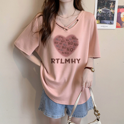 v领短袖T恤女夏季2026新款爆款宽松显瘦正肩大码胖mm半袖卡通上衣