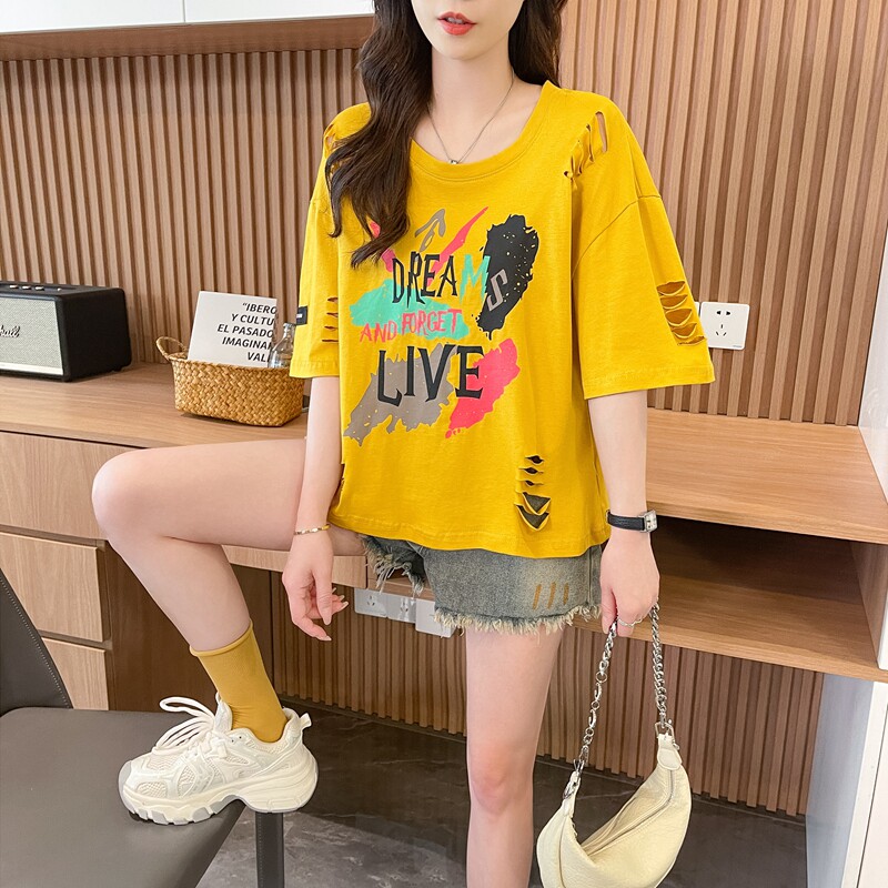 夏季时尚破洞短袖T恤女韩版宽松休闲百搭小个子短款网红炸街上衣