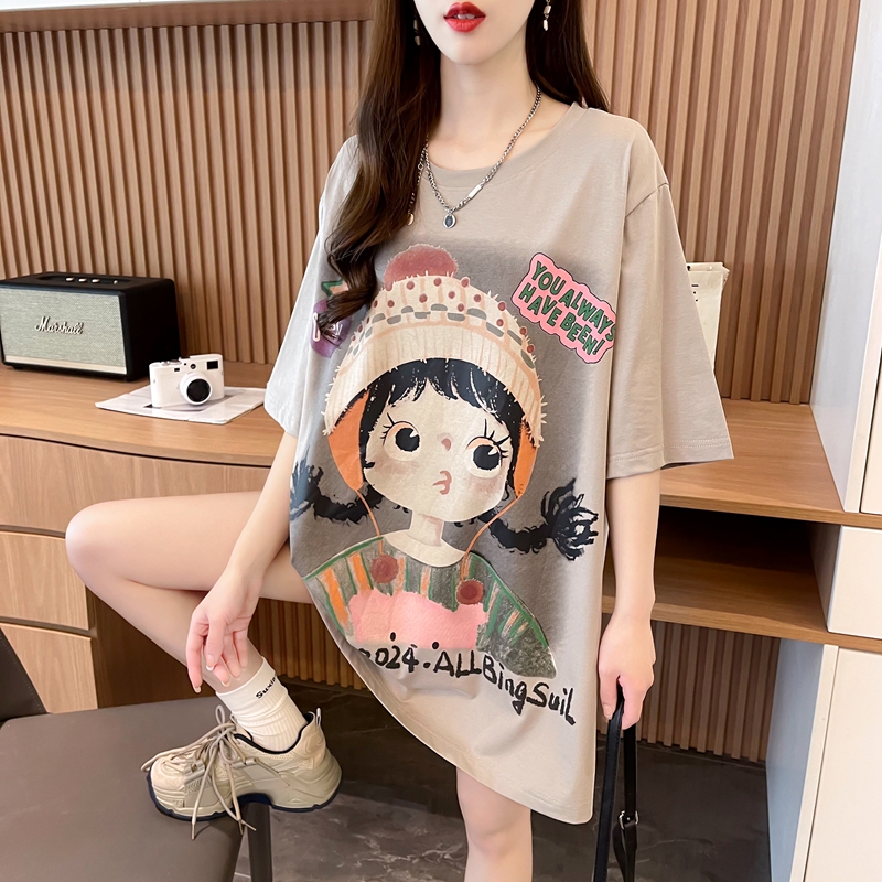 2024韩版中长款夏季新款纯棉宽松大码时尚百搭短袖T恤女卡通上衣