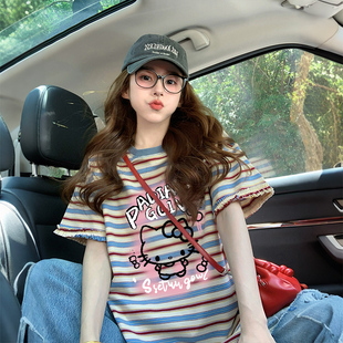 chic多巴胺彩色条纹纯棉T恤女可爱风HelloKitty涂鸦宽松休闲上衣