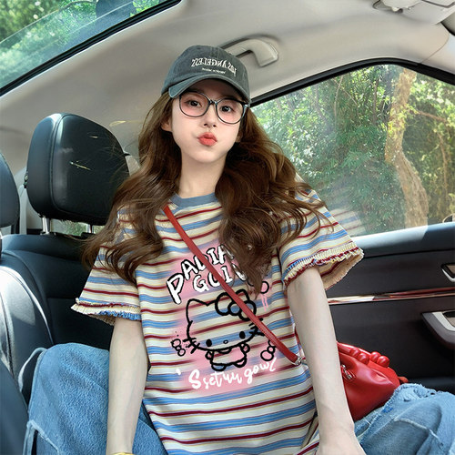 chic多巴胺彩色条纹纯棉T恤女可爱风HelloKitty涂鸦宽松休闲上衣