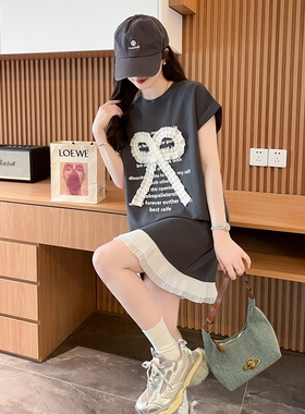 拼接短袖T恤女2025新款夏季中长款休闲时尚设计感宽松显瘦连衣裙