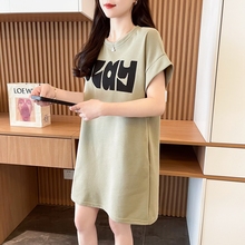 短袖T恤裙女2025新款夏季纯棉韩版字母休闲百搭宽松中长款连衣裙