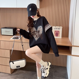 韩版 设计感假两件拼接圆领宽松上衣潮 卫衣女春秋2024新款 欧货大码