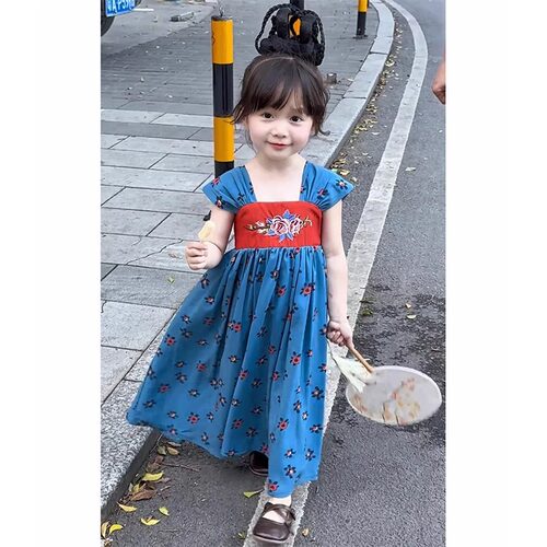 女童小众汉服儿童夏季新中式连衣裙大童古风高腰襦裙碎花旗袍长裙