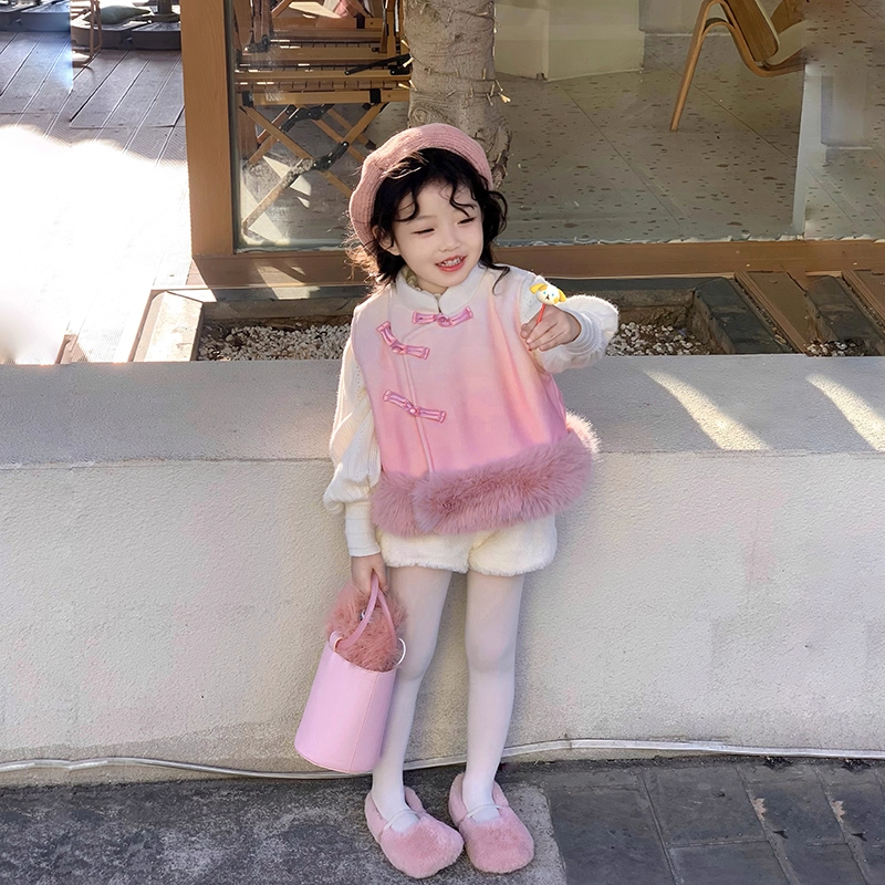 冬季女童渐变马甲上衣加厚国风新中式短款毛呢旗袍外套宝宝三件套