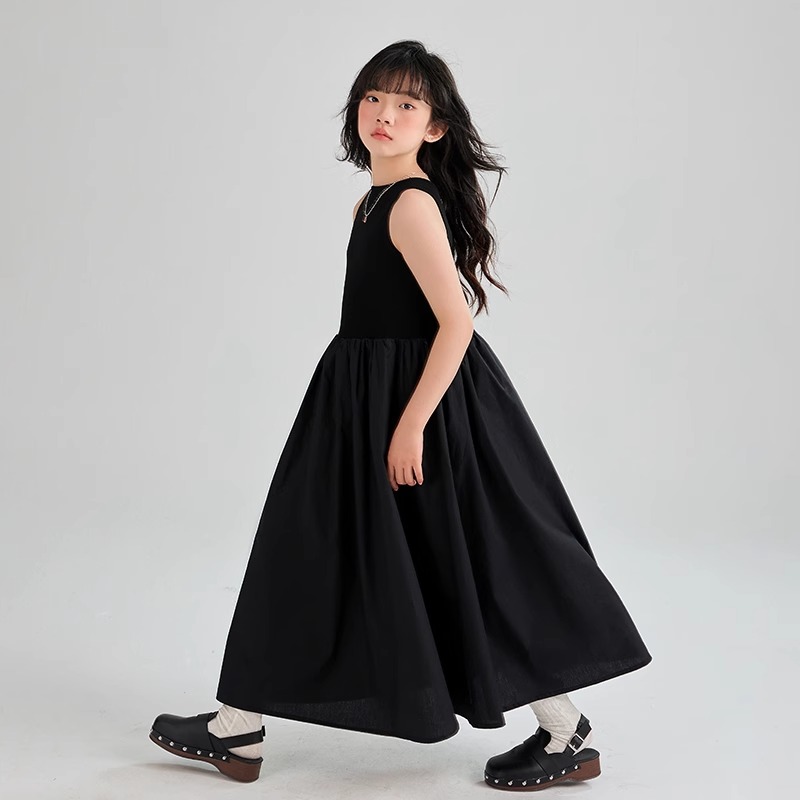 儿童小黑裙背心长裙夏季薄款赫本风纯棉女童白色日系连衣裙中大童