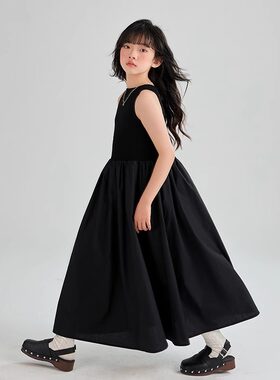 儿童小黑裙背心长裙夏季薄款赫本风纯棉女童白色日系连衣裙中大童