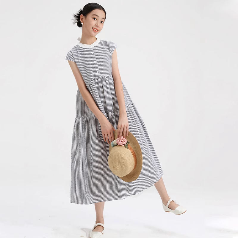 日系文艺儿童立领条纹衬衫式连衣裙初中生夏装纯棉女童长裙亲子装
