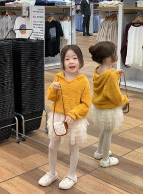 韩国女童黄色连帽衫上衣+蛋糕纱裙套装秋冬款宝宝洋气蓬蓬半身裙