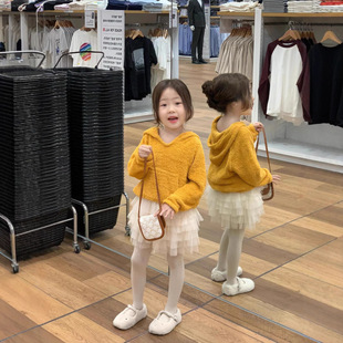 韩国女童黄色连帽衫上衣+蛋糕纱裙套装秋冬款宝宝洋气蓬蓬半身裙