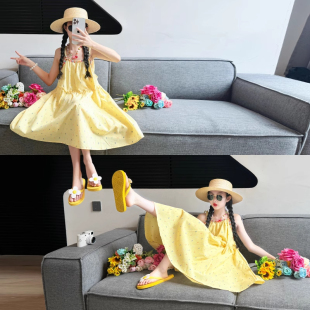 女童裙子薄款2025新款大童女孩度假沙滩吊带裙儿童夏装韩版连衣裙