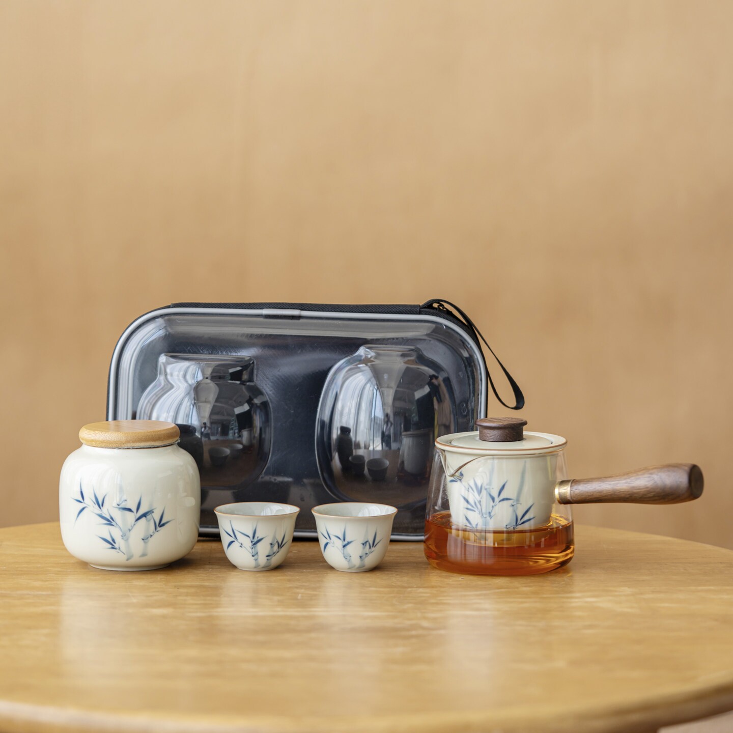 手绘竹子侧把壶快客杯便携旅行茶具套装新中式复古风茶壶套装