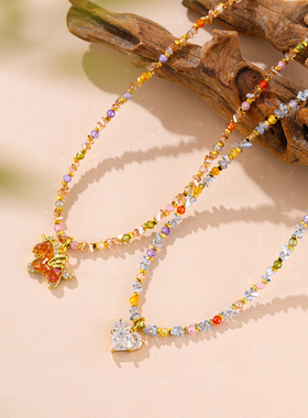 珞石彩色锆石爱心飞马锁骨链