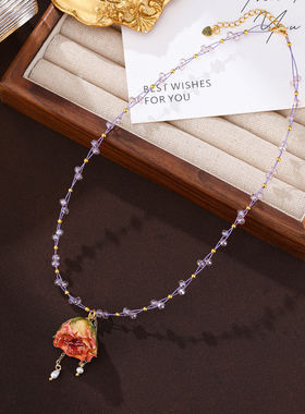 珞石紫水晶真花吊坠锁骨链女项链