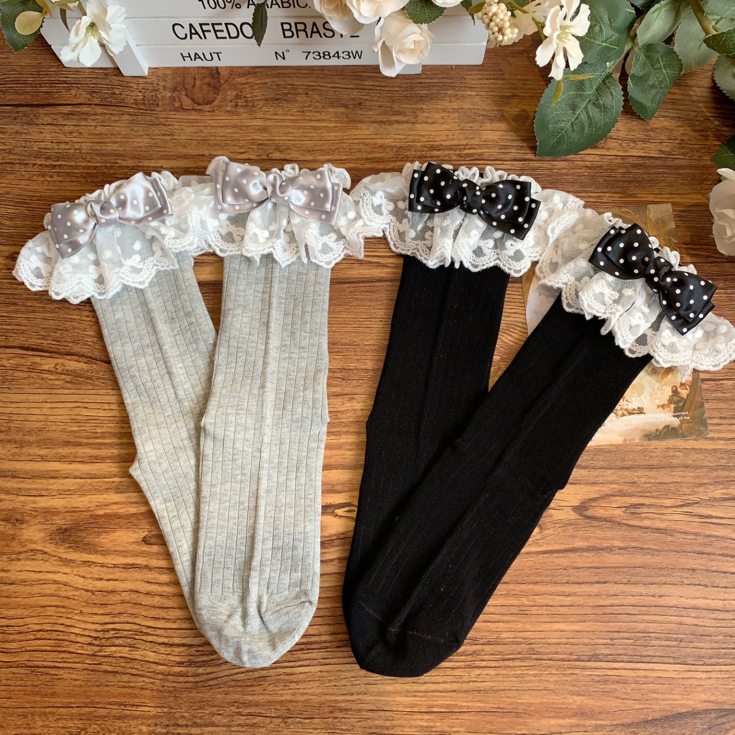 【88包邮】日制进口丝带波点蝴蝶结花边袜甜心曲奇百搭lolita蕾丝