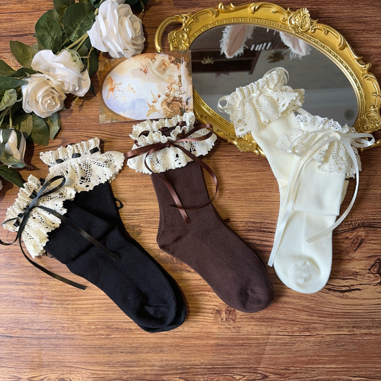 【88包邮】棕色系花边中筒袜甜心曲奇原创jk长筒袜子日系Lolita短