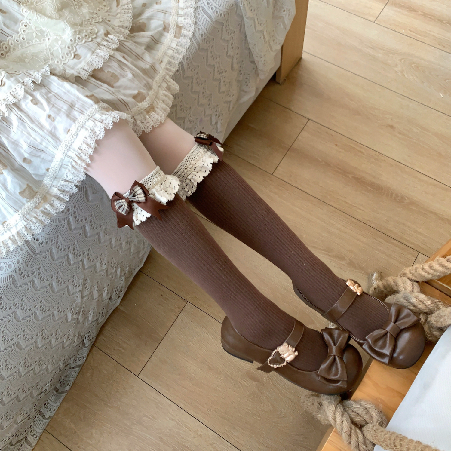 【88包邮】甜心曲奇原创设计花边蝴蝶结小腿袜jk中筒袜子日系可爱