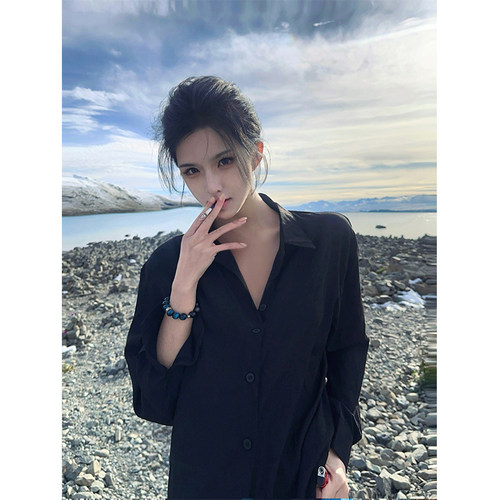 夏媛原创 帅的太超过 黑色薄款防晒衬衫 慵懒宽松休闲长袖上衣女