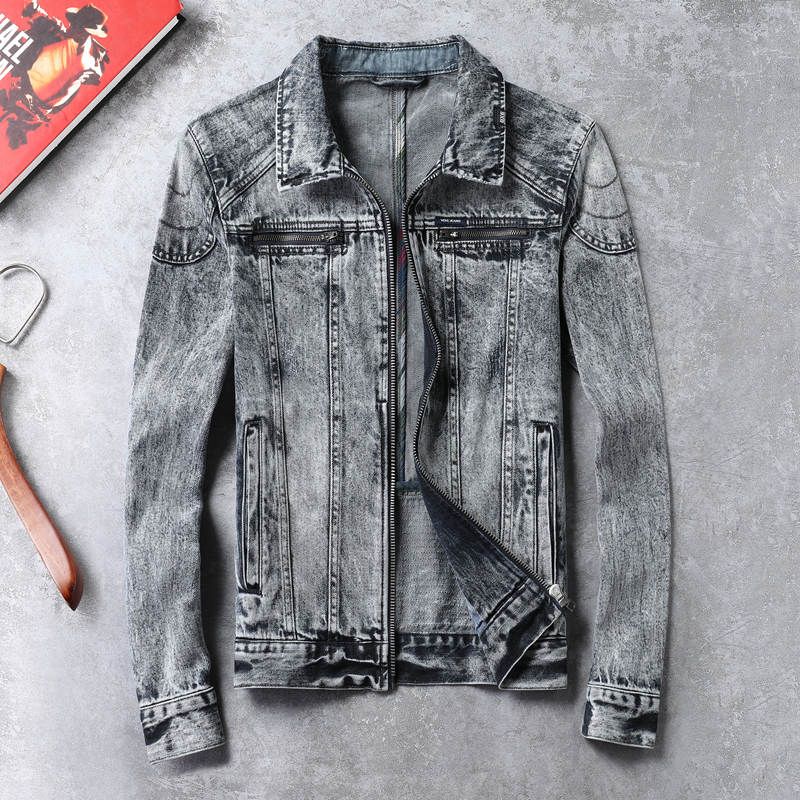 卡威酷 欧美潮流行韩版男士帅哥修身水洗做旧拼色外套牛仔夹克灰