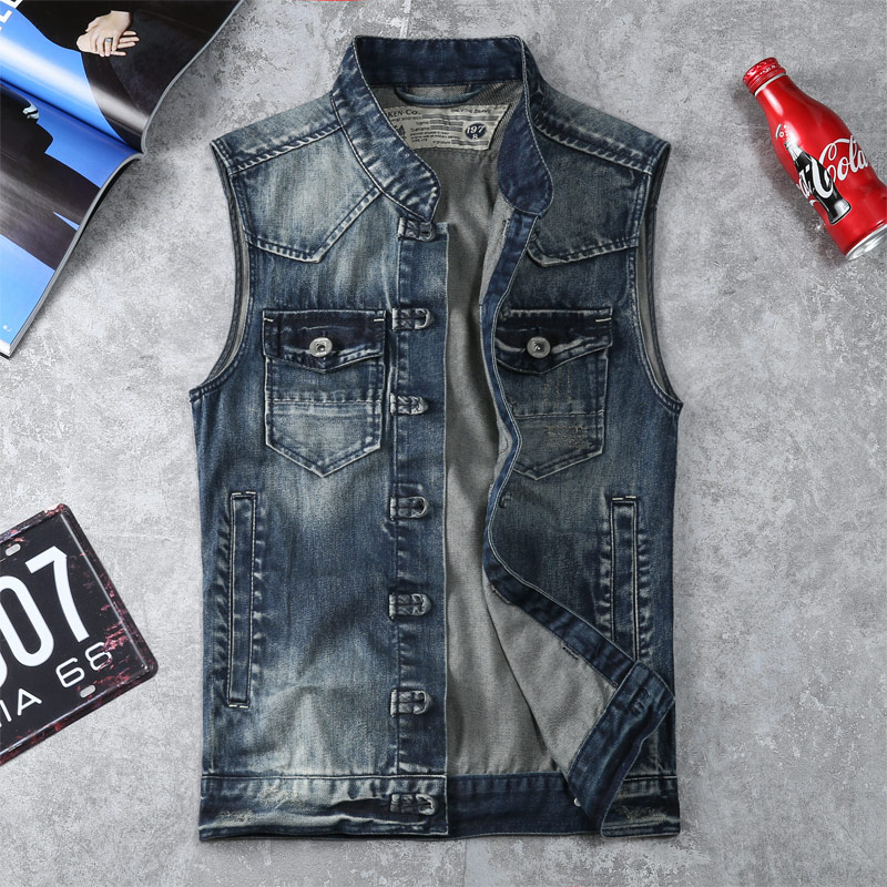 卡威酷秋装新款潮男立领盘扣牛仔马夹背心男帅气休闲机车马甲上衣