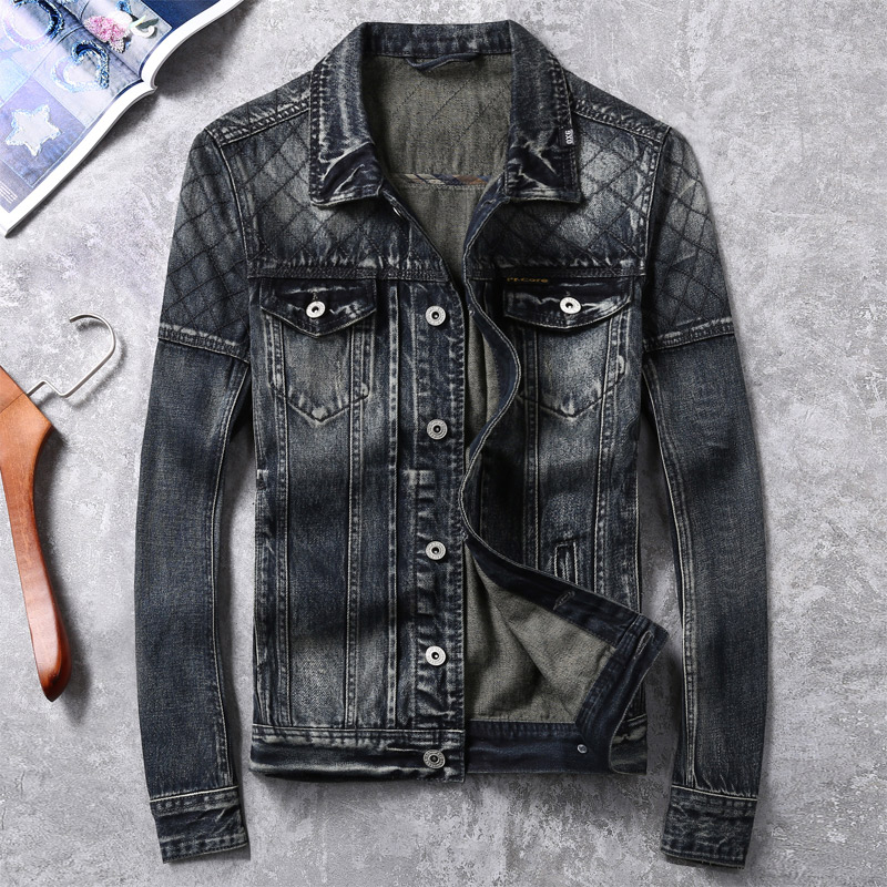 欧美水洗复古网格修身牛仔夹克