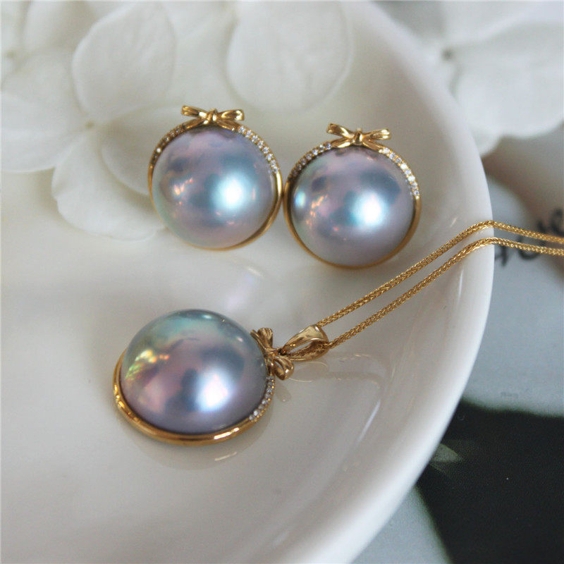 炫彩饱满星空蓝海水马贝珍珠吊坠耳钉18K金钻石镶嵌无暇正品现货