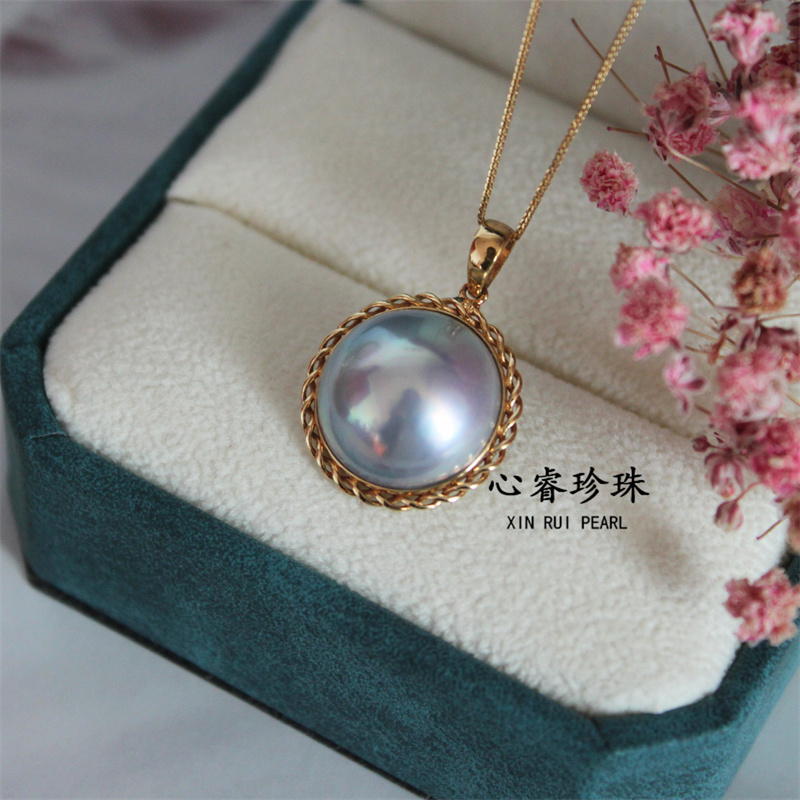 18K黄金色星空蓝海水马贝珍珠吊坠15-16mm高亮泽炫彩镂空精致麻花