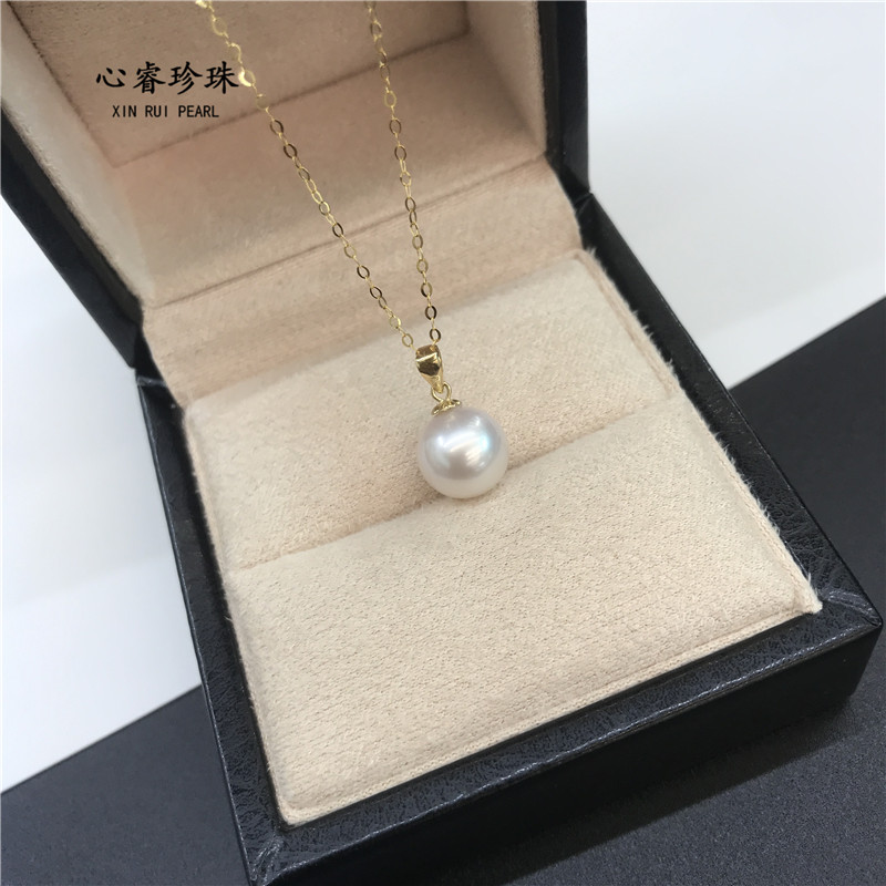 18k金珍珠吊坠8-9mm正圆强光单颗天然淡水小清新秀气正品项链包邮