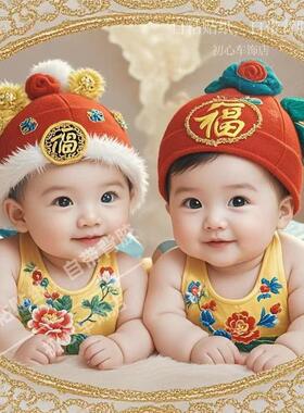 双胞胎宝宝贴画马年招财进宝婚房装饰床头喜庆福娃卧室门窗墙贴纸