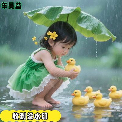 治愈小女孩和小黄鸭雨中嬉戏海报贴画墙面门窗温馨可爱自粘贴纸