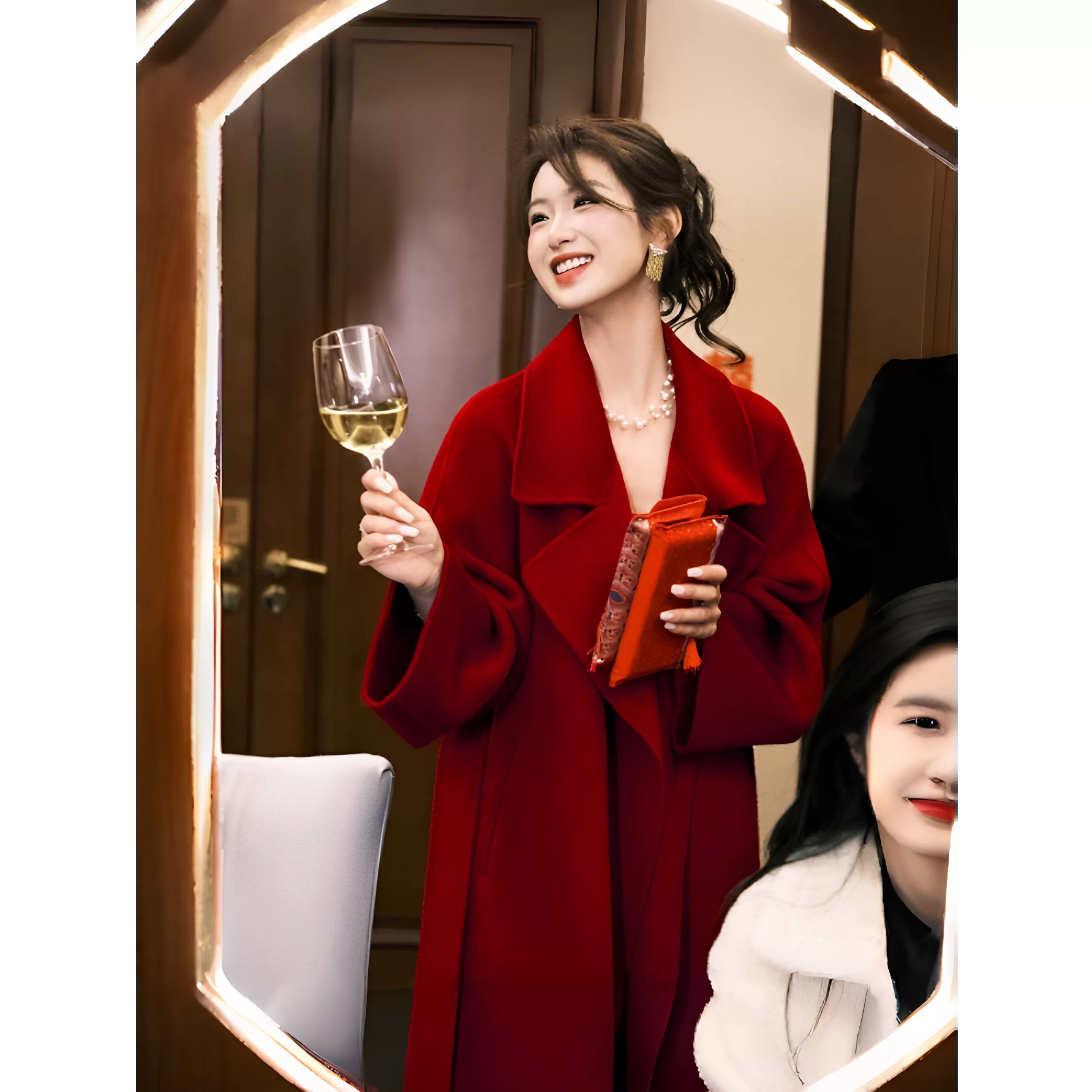 双面羊毛大衣女中长款红色新娘结婚喜庆敬酒服新年礼服绵羊毛外套