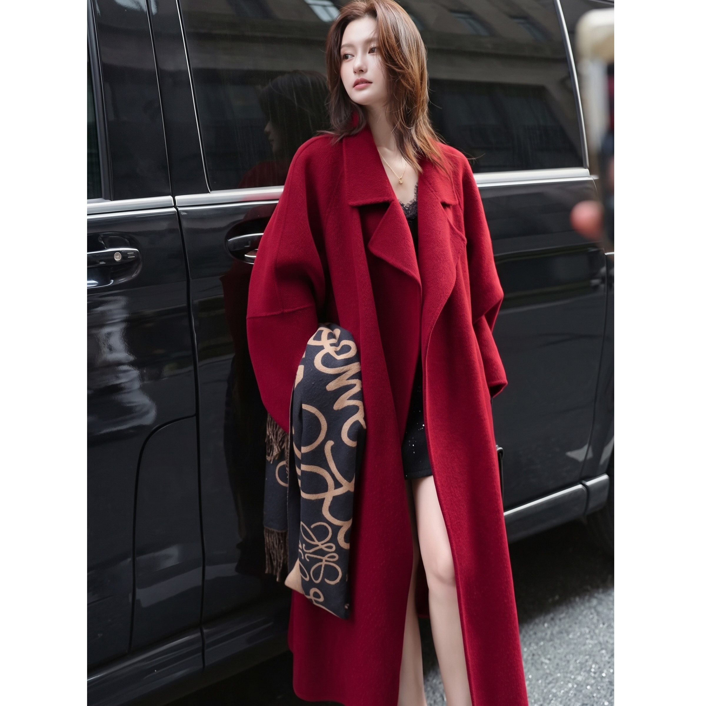 红色手工双面羊毛大翻领大衣女