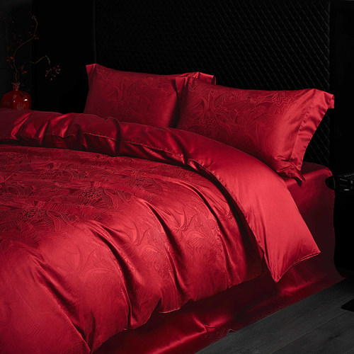 MM高档结婚四件套大红色婚庆喜嫁100s长绒棉喜被床单被套床上用品