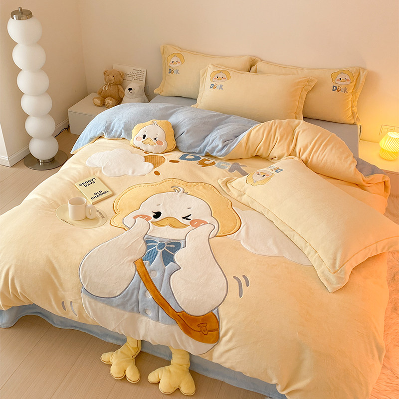 小鸭子牛奶绒四件套冬季加厚珊瑚绒卡通刺绣可爱风防静电儿童床品,床上用品,床品套件/四件套/多件套,淘宝优惠券,粉丝福利购,淘宝优惠卷