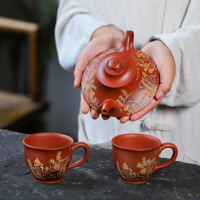 宜兴紫砂壶纯手工原矿泥绘九鱼图泡茶壶功夫茶具王中亚云炉壶套壶