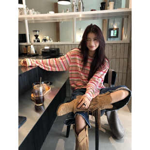 设计感减龄松弛感粉色条纹长袖 韩系穿搭宽松百搭上衣 t恤女春秋季