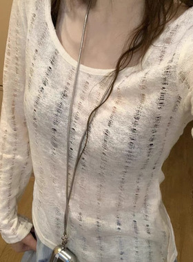 温柔风白色不规则镂空长袖罩衫女夏季新款抽绳防晒空调衫宽松上衣